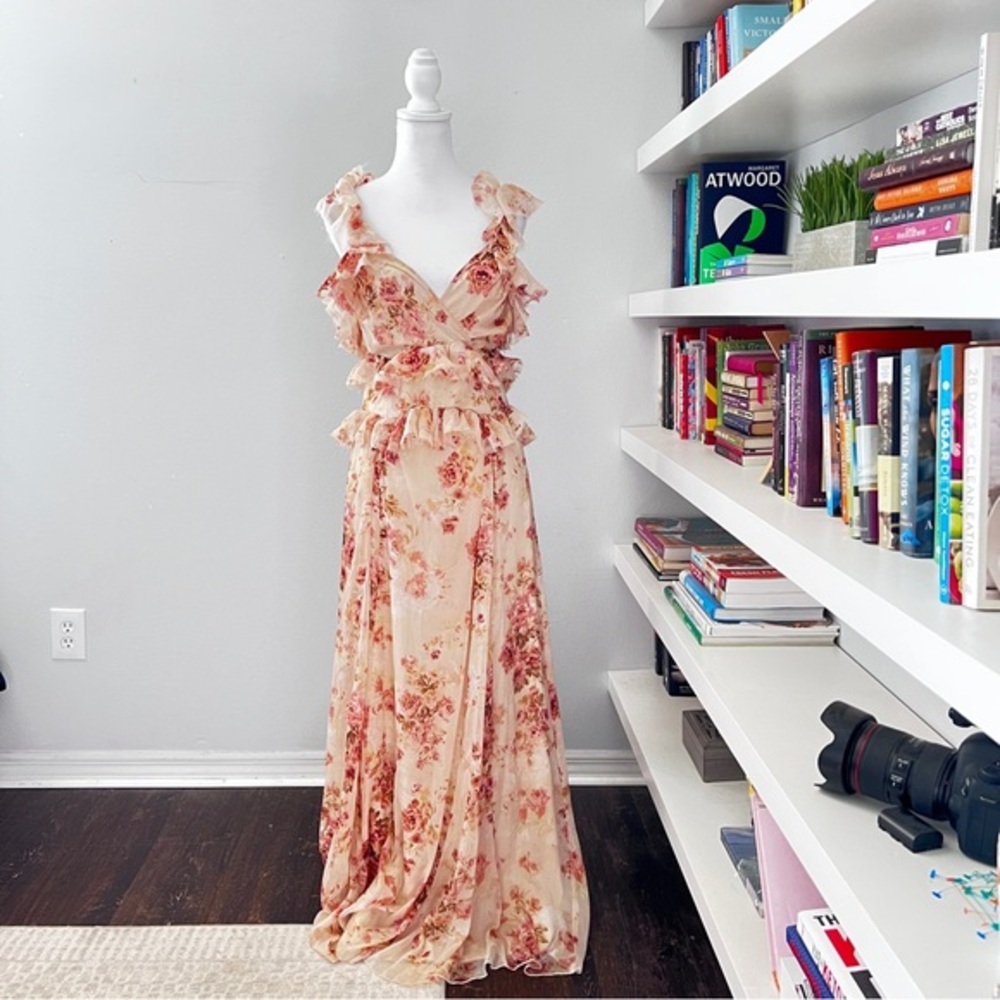ASOS Pink and Cream Floral Ruffle Maxi Dress